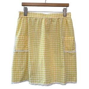 Handmade Yellow White Gingham Half Apron With Lace Trim Pockets Vintage Style